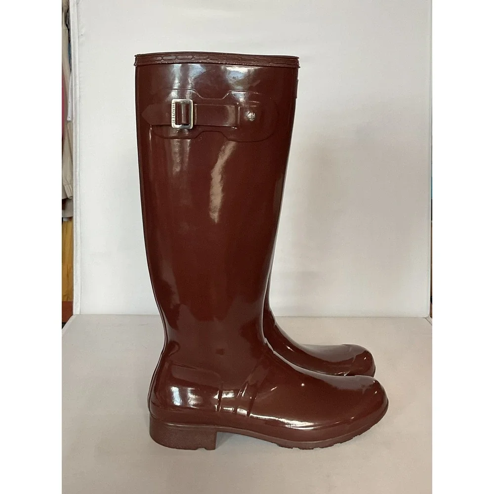 Hunter Original Tall Gloss Brown Rubber Rain Boots Womens Size 10 Waterproof